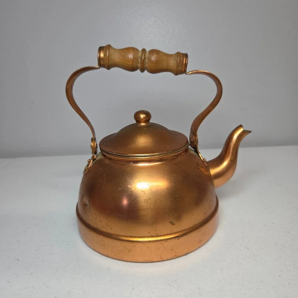 Portugal‎ Copper Teapot Vintage Tea Kettle with Wooden Handle Retro Rustic
